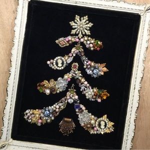 Vintage Rhinestone Christmas Tree MidCentury Jewelry Wall Hanging Framed Picture